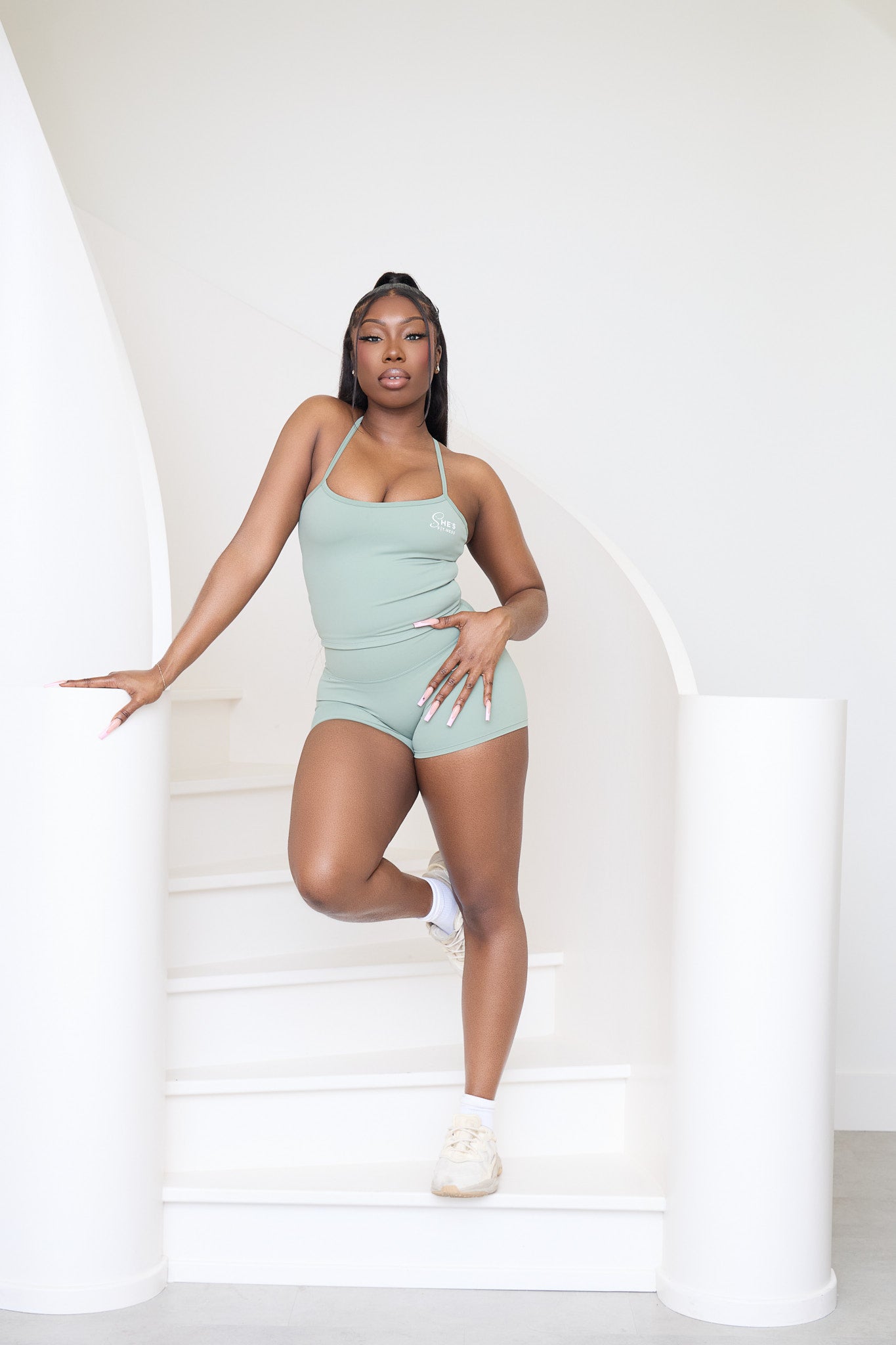 She's Fitness Seamless Sage Green Padded Midi Tank Top