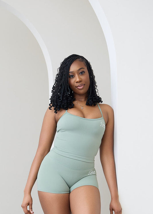 She's Fitness Seamless Sage Green Padded Midi Tank Top